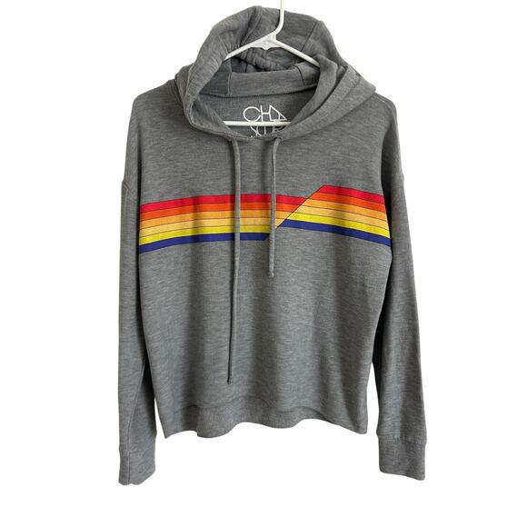 Chaser Gray Rainbow Stripe Cropped Pullover Hoodie - Medium - Picture 2 of 9